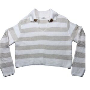 Moon & Madison Women Large Striped Polo Sweater Cream Tan V-Neck Cropped Knit